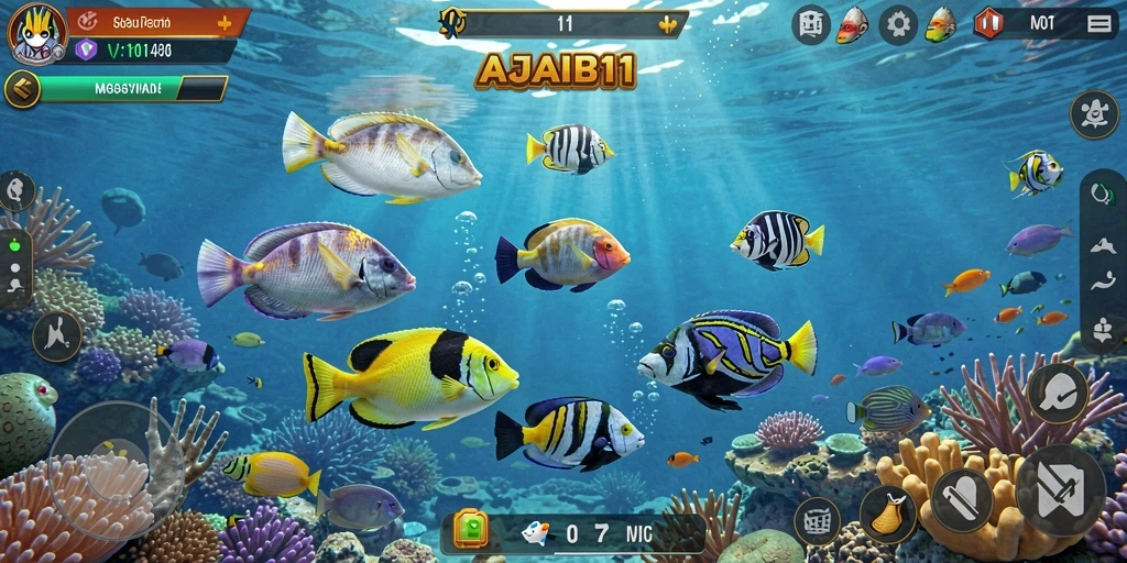 Tampilan gameplay seru AJAIB11 dengan aksi menembak ikan.