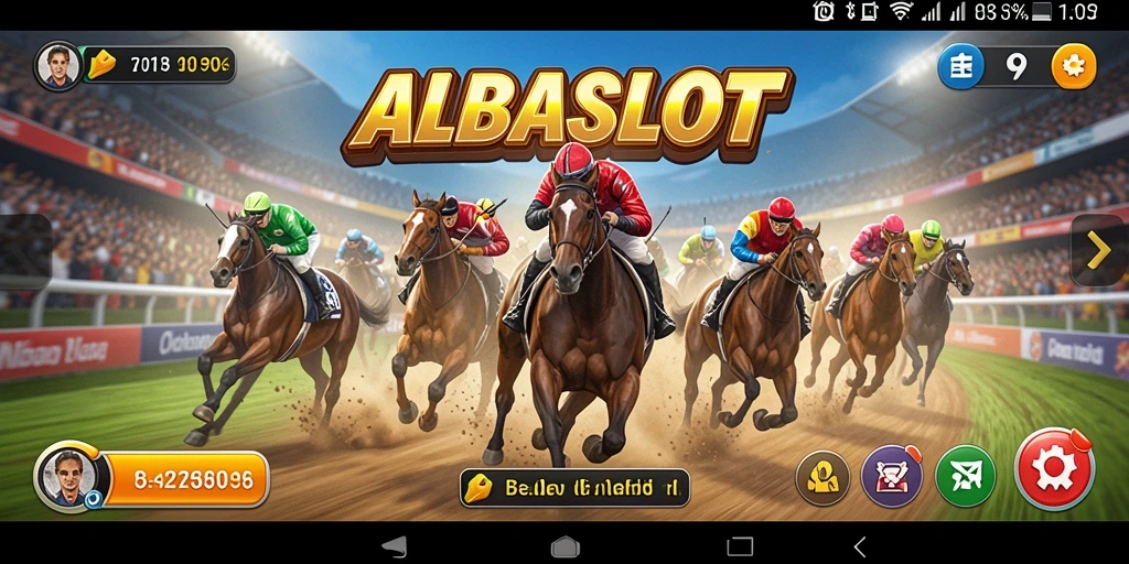 Screenshot gameplay ALBASLOT menampilkan mobil balap di trek yang mendebarkan.