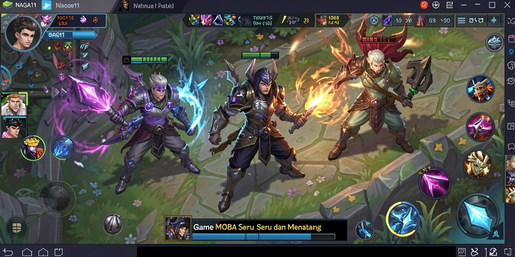 Screenshot gameplay NAGA11 menampilkan aksi seru di arena pertarungan MOBA.