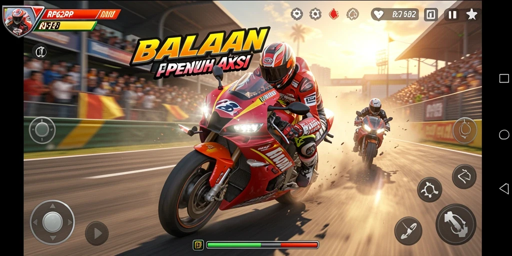 Tampilan gameplay intens dari balapan motor RP62RP.