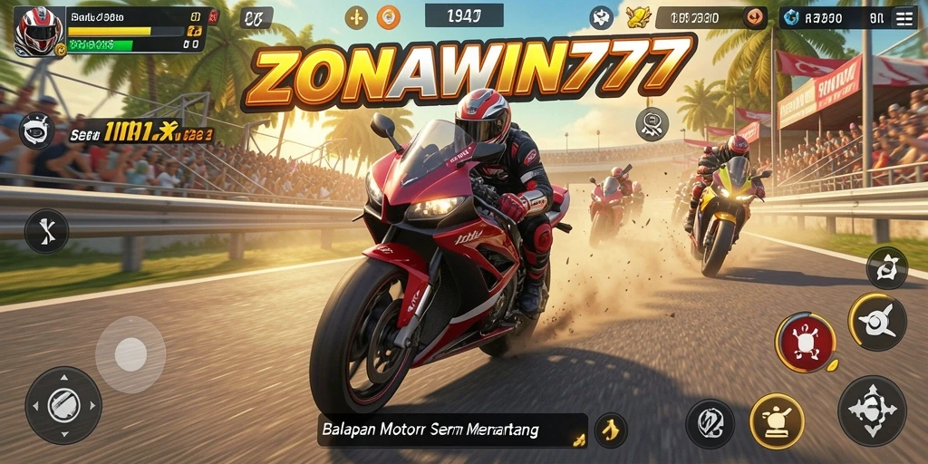 Screenshot menunjukkan aksi balapan motor yang intens dan penuh kecepatan.
